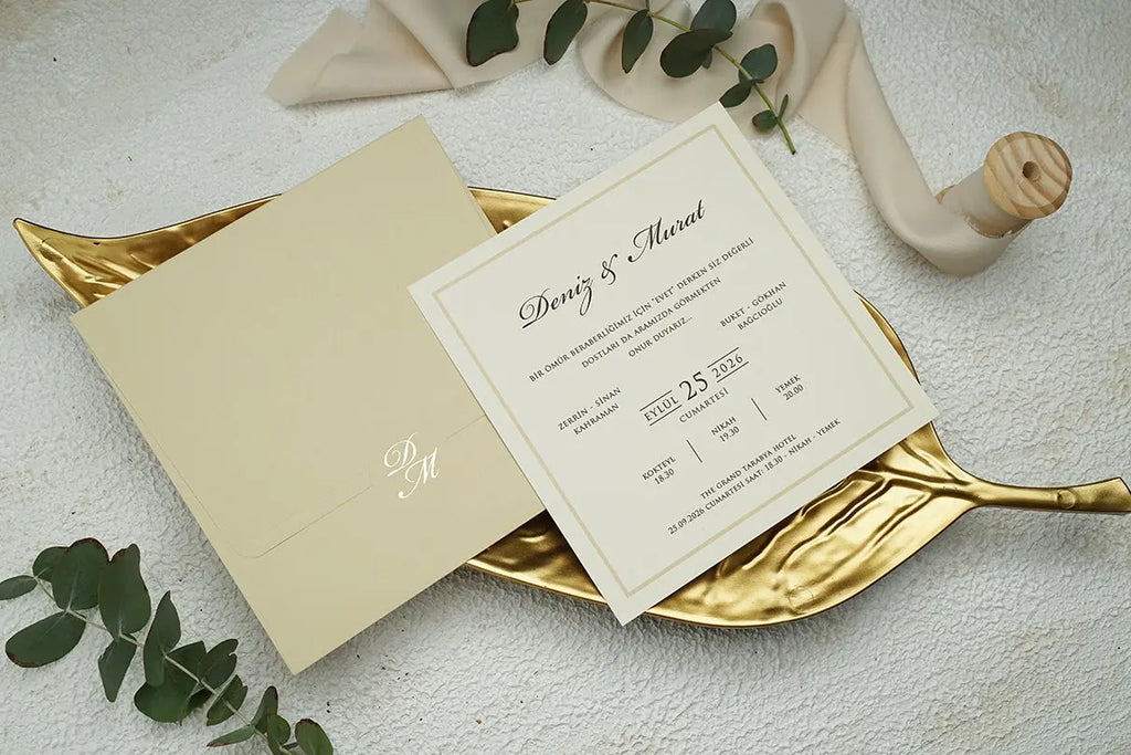 Ivory Classic Wedding Invitation Card with Gold Border – Elegant Style LunaInvites