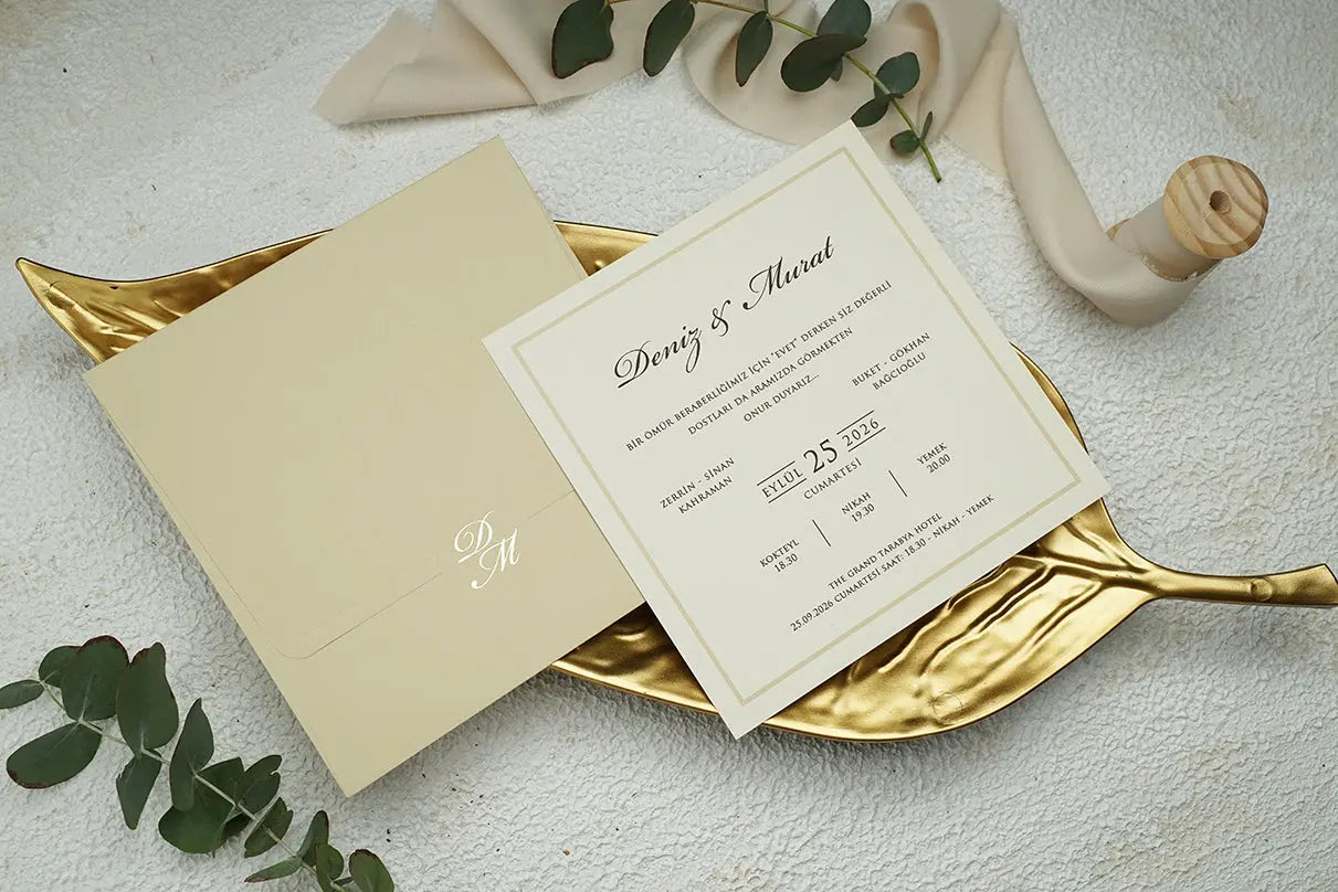 Ivory Classic Wedding Invitation Card with Gold Border – Elegant Style LunaInvites