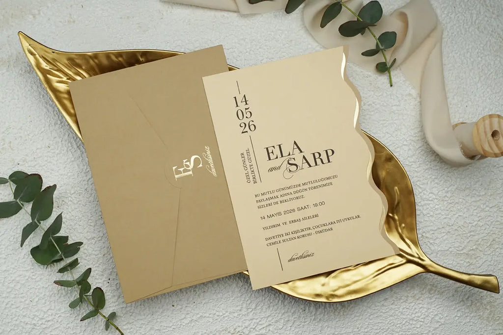 Beige Classic Wedding Invitation Card with Wavy Edge – Modern Style LunaInvites
