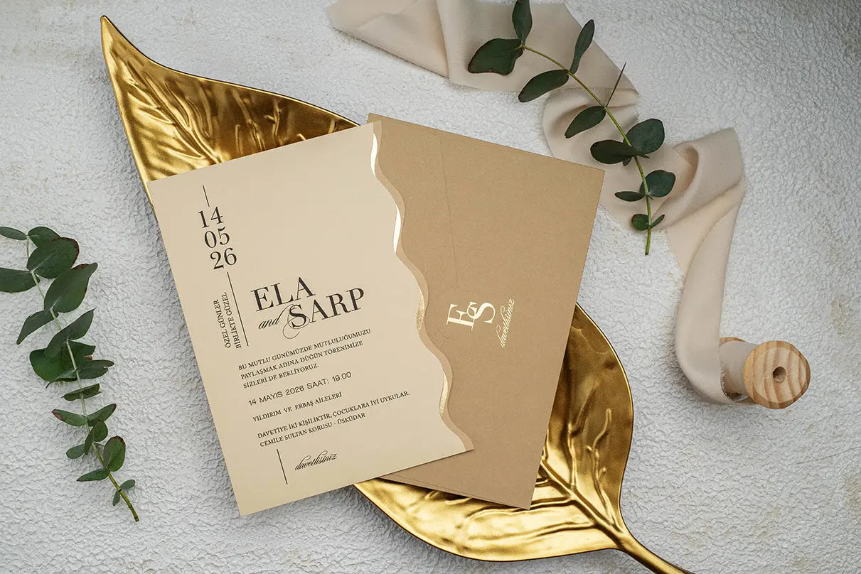 Beige Classic Wedding Invitation Card with Wavy Edge – Modern Style LunaInvites