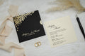 Black Classic Wedding Invitation Card with Gold Botanical Leaves LunaInvites
