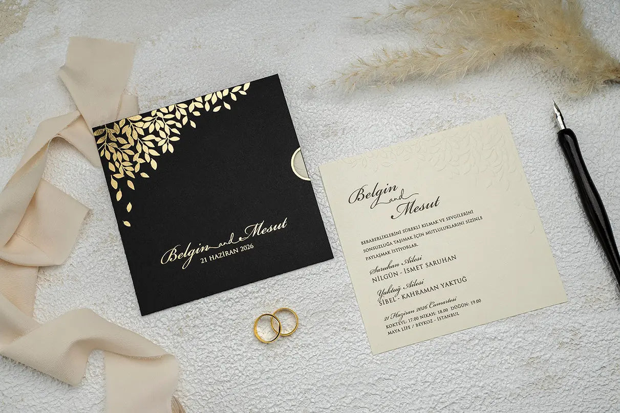 Black Classic Wedding Invitation Card with Gold Botanical Leaves LunaInvites