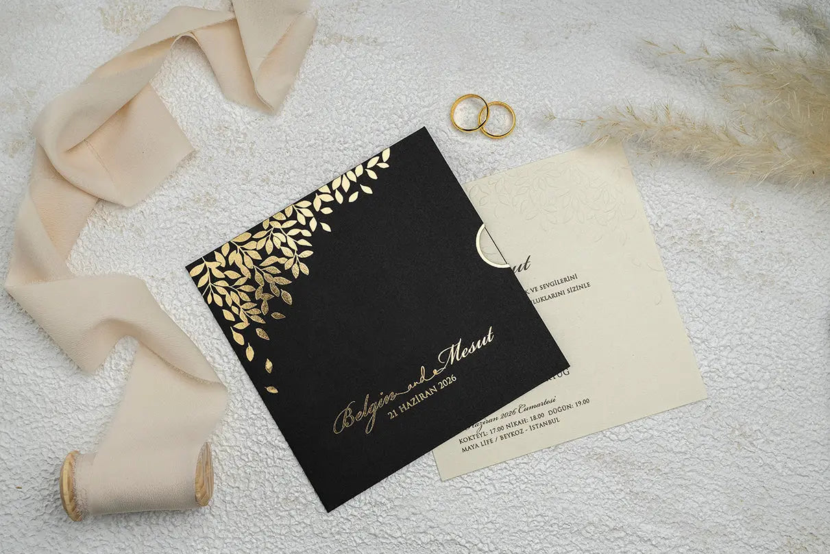 Black Classic Wedding Invitation Card with Gold Botanical Leaves LunaInvites