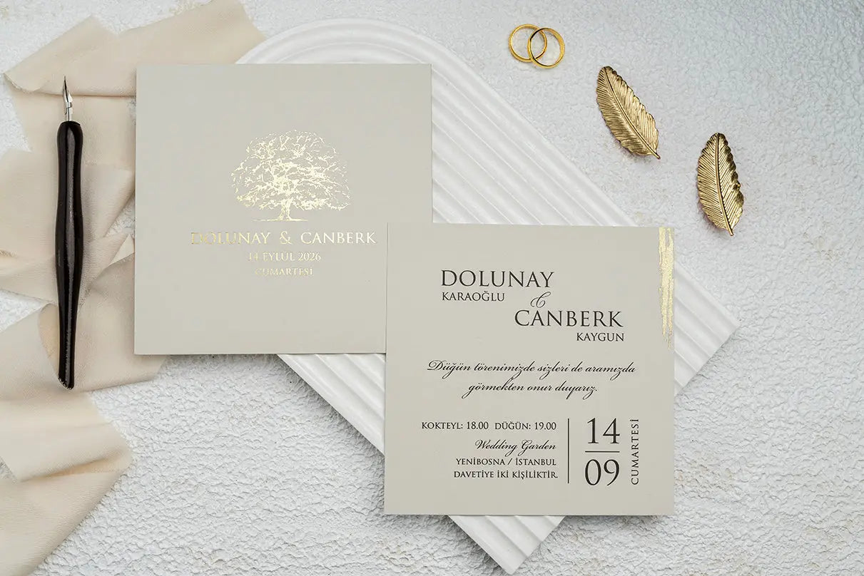 Minimalist Gold Foil Wedding Invitation with Elegant Tree Design LunaInvites