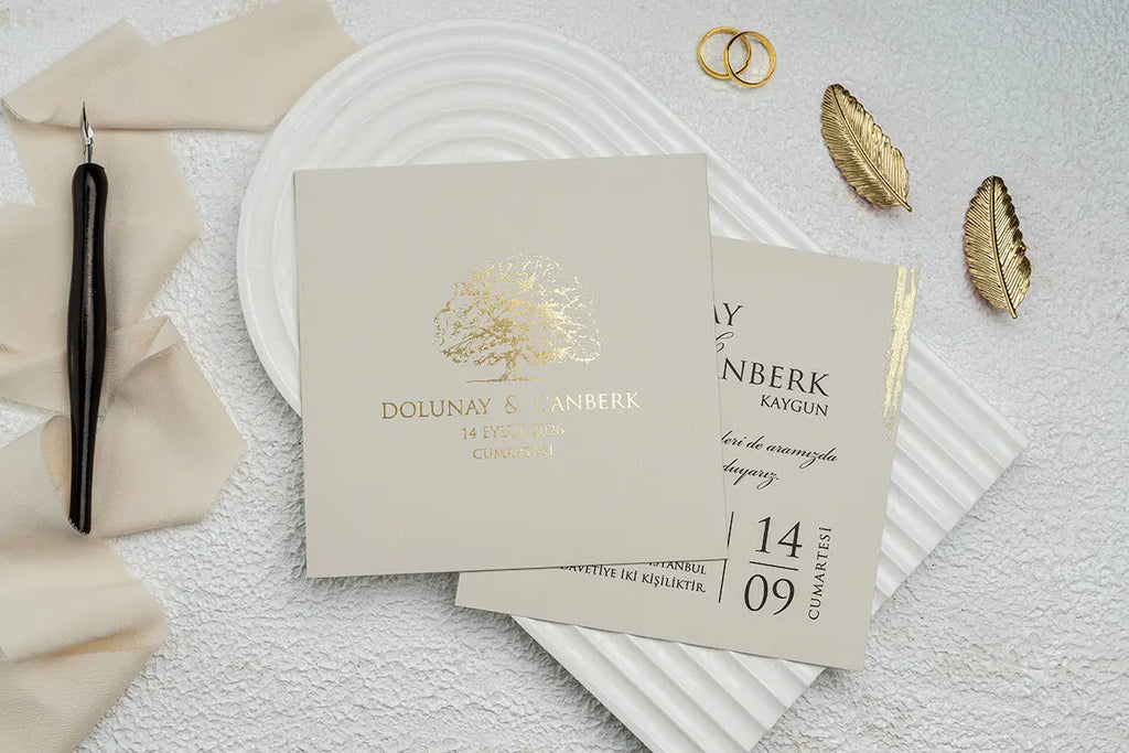 Minimalist Gold Foil Wedding Invitation with Elegant Tree Design LunaInvites