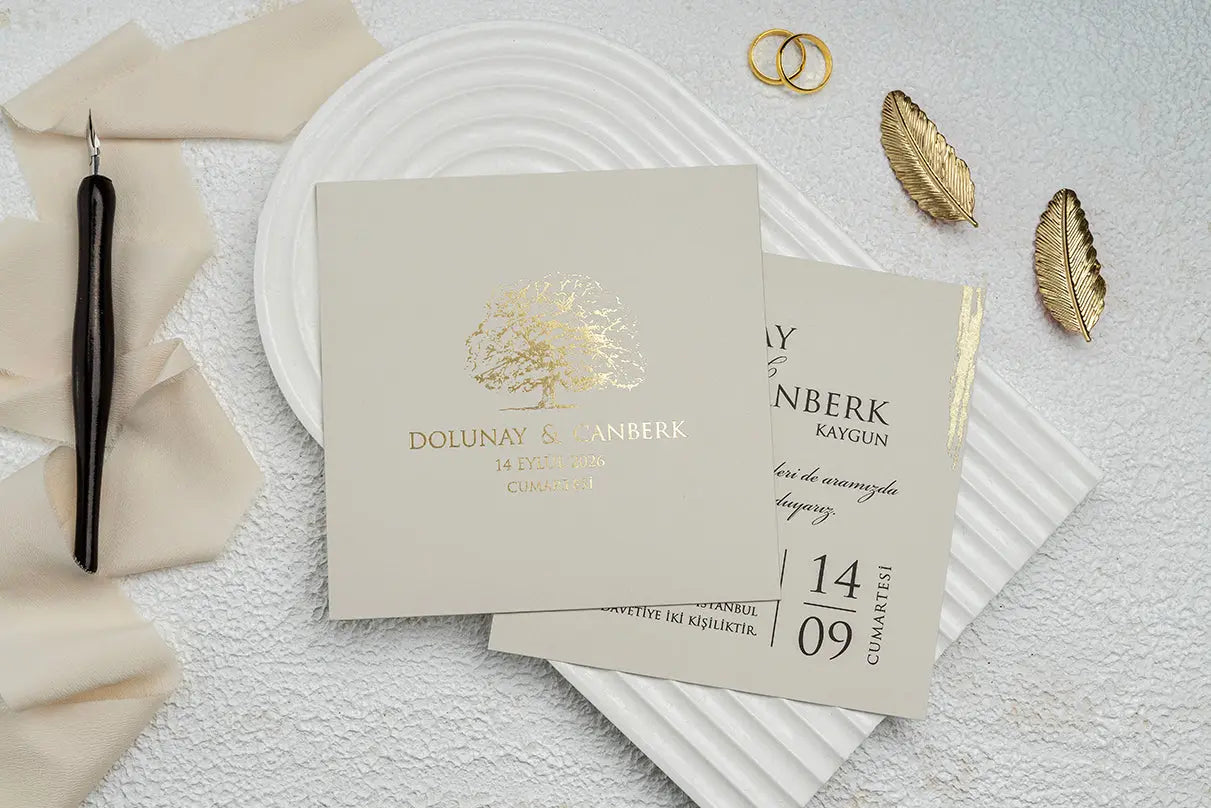Minimalist Gold Foil Wedding Invitation with Elegant Tree Design LunaInvites