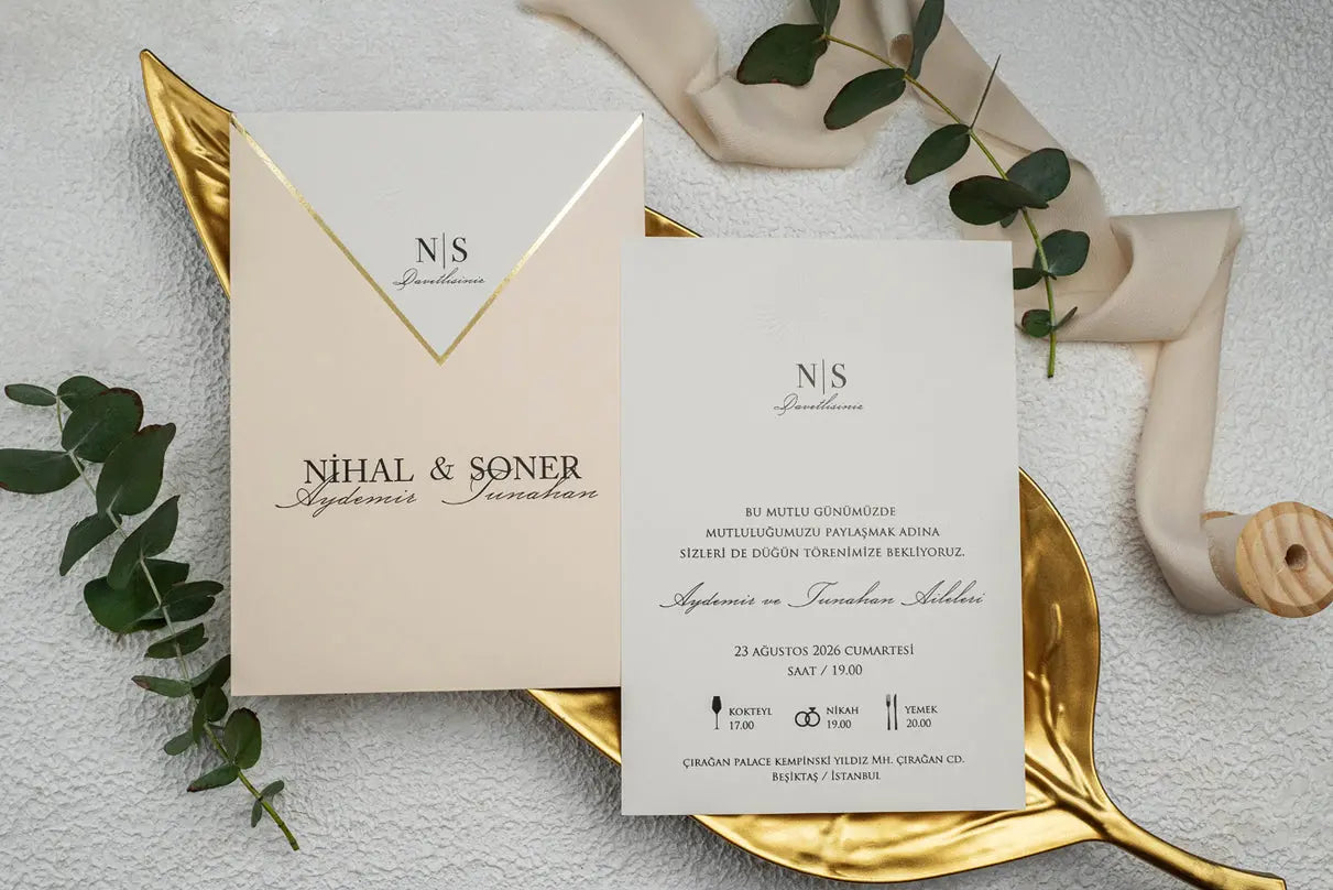 Beige Wedding Invitation with Gold Foil V Design on Premium Paper LunaInvites