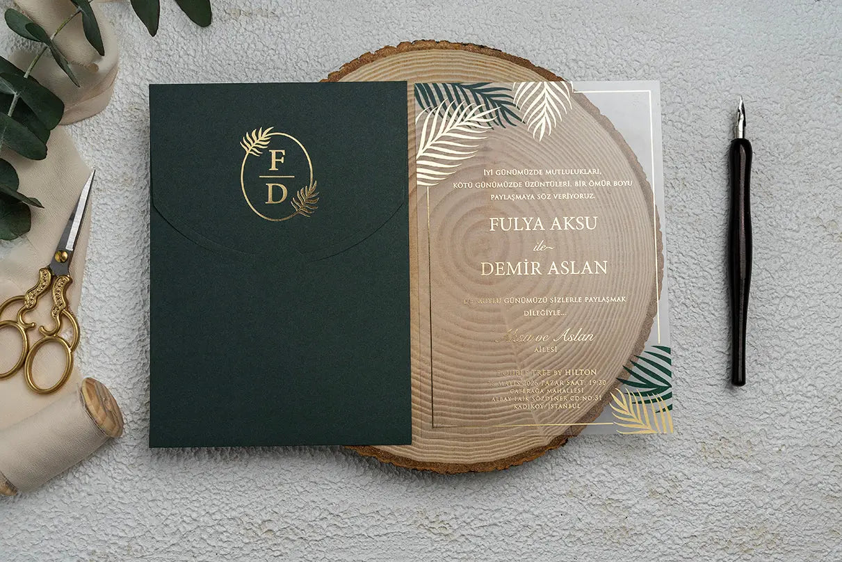 Clear Acrylic Wedding Invitation with Green Envelope and Gold Palm Leaves LunaInvites