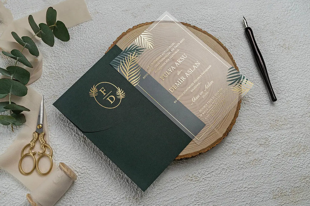 Clear Acrylic Wedding Invitation with Green Envelope and Gold Palm Leaves LunaInvites