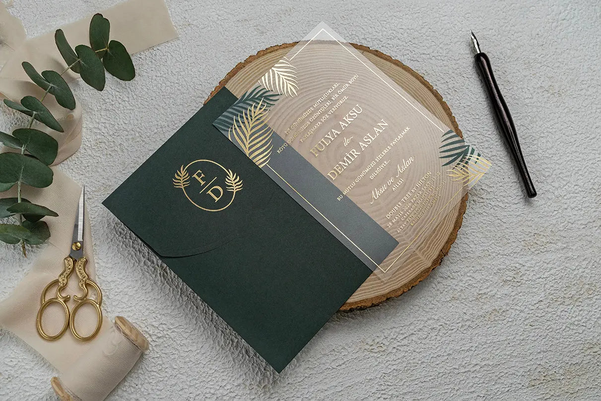 Clear Acrylic Wedding Invitation with Green Envelope and Gold Palm Leaves LunaInvites