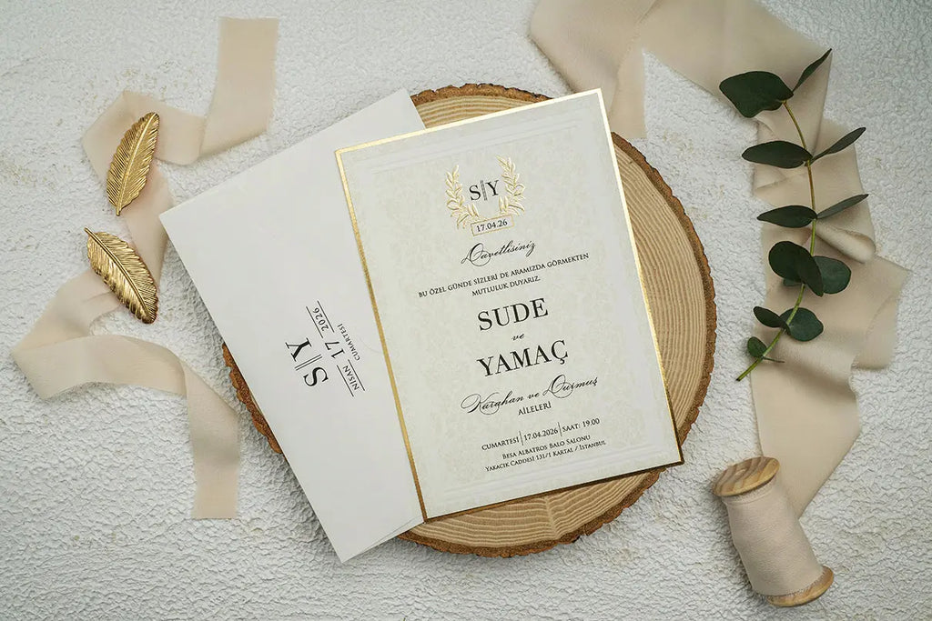 Gold Foil Wedding Invitation with Laurel Wreath Monogram Design LunaInvites