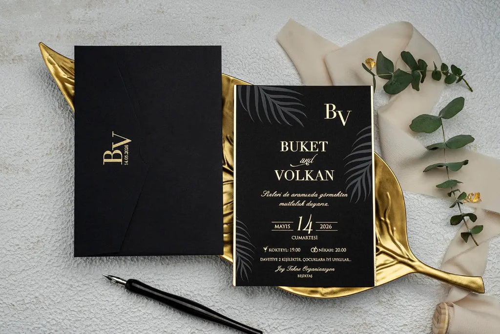 Black Gold Foil Wedding Invitation with Modern Botanical Design LunaInvites