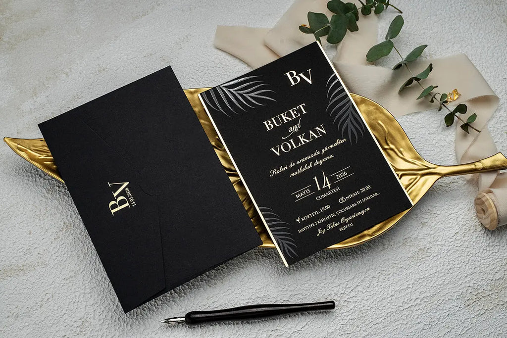Black Gold Foil Wedding Invitation with Modern Botanical Design LunaInvites