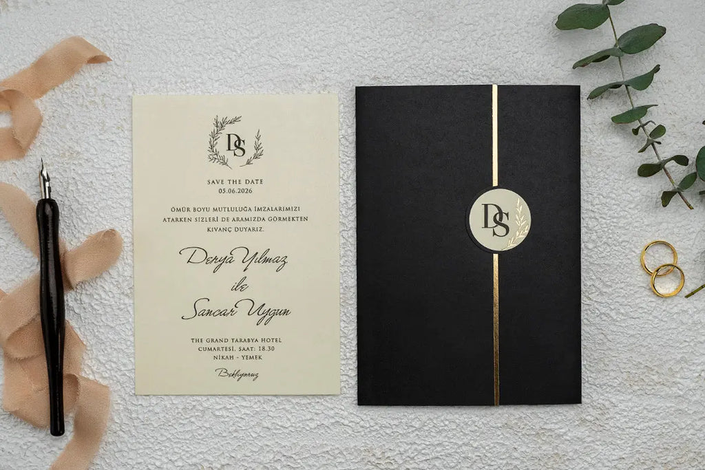 Black Gold Foil Wedding Invitation with Modern Botanical Design (Kopya) LunaInvites