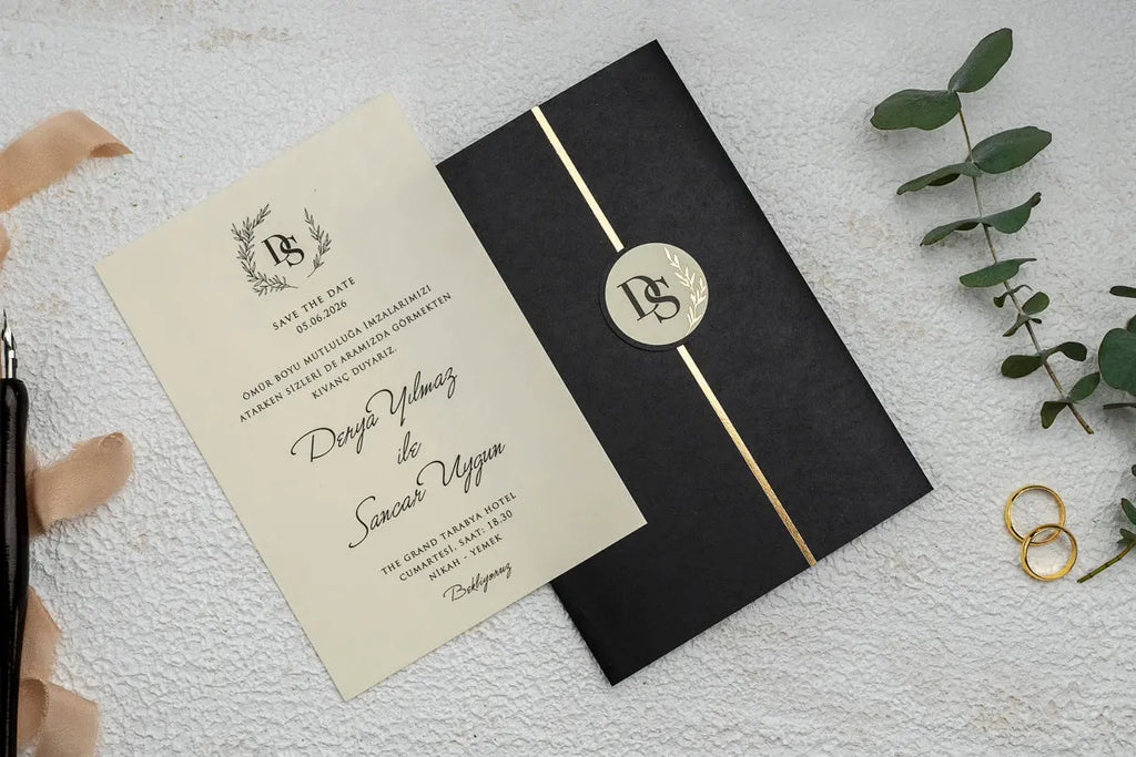 Black Gold Foil Wedding Invitation with Modern Botanical Design (Kopya) LunaInvites