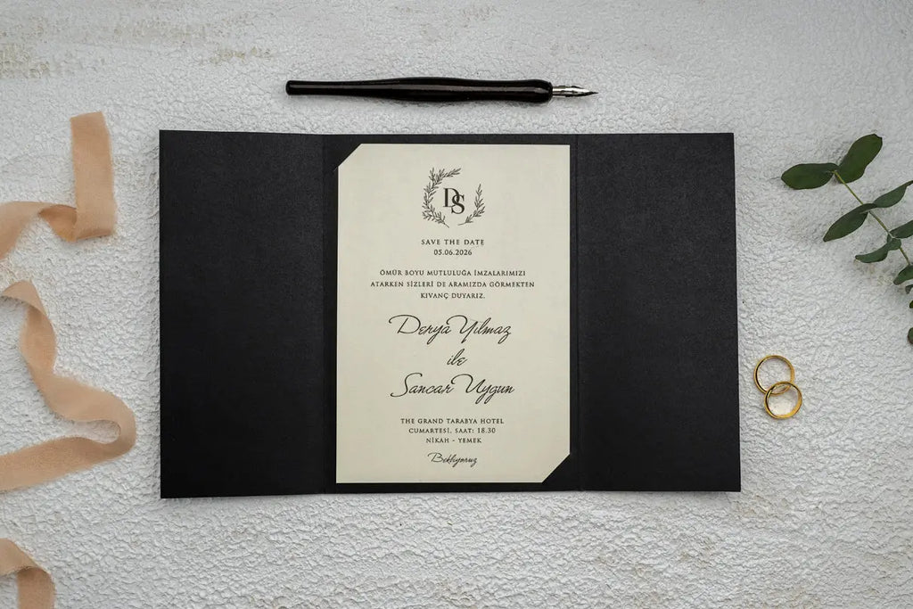 Black Gold Foil Wedding Invitation with Modern Botanical Design (Kopya) LunaInvites