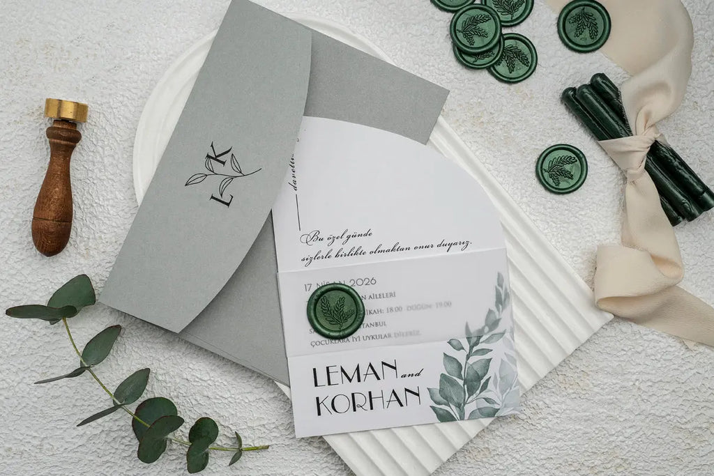 Wax Seal Wedding Invitation with Sage Green Envelope and Botanical Design LunaInvites
