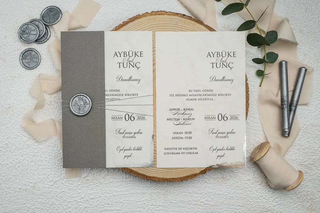Custom Wedding Invitation with Gray Wrap and Silver Wax Seal LunaInvites