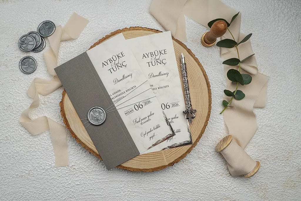 Custom Wedding Invitation with Gray Wrap and Silver Wax Seal LunaInvites