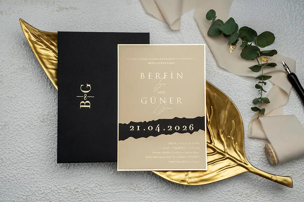 Gold Foil Wedding Invitation with Black Envelope and Luxury Design LunaInvites