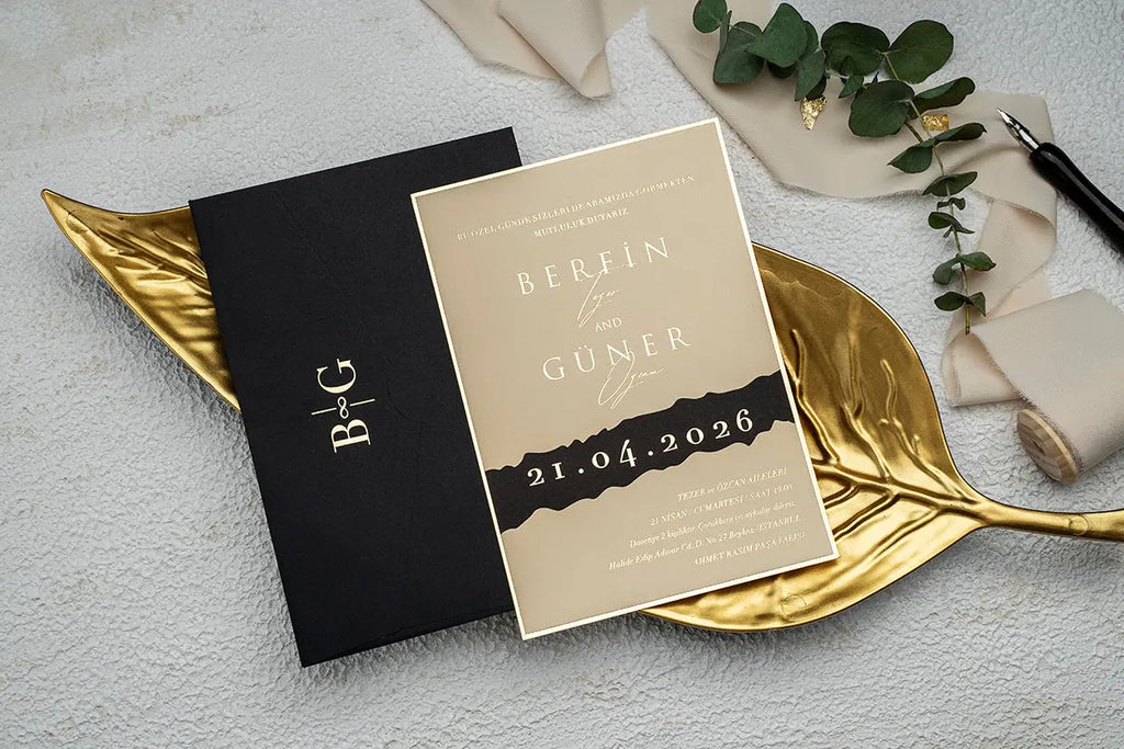 Gold Foil Wedding Invitation with Black Envelope and Luxury Design LunaInvites