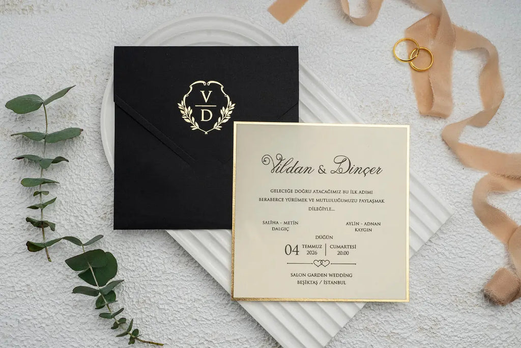 Gold Foil Wedding Invitation with Black Envelope and Monogram Design LunaInvites