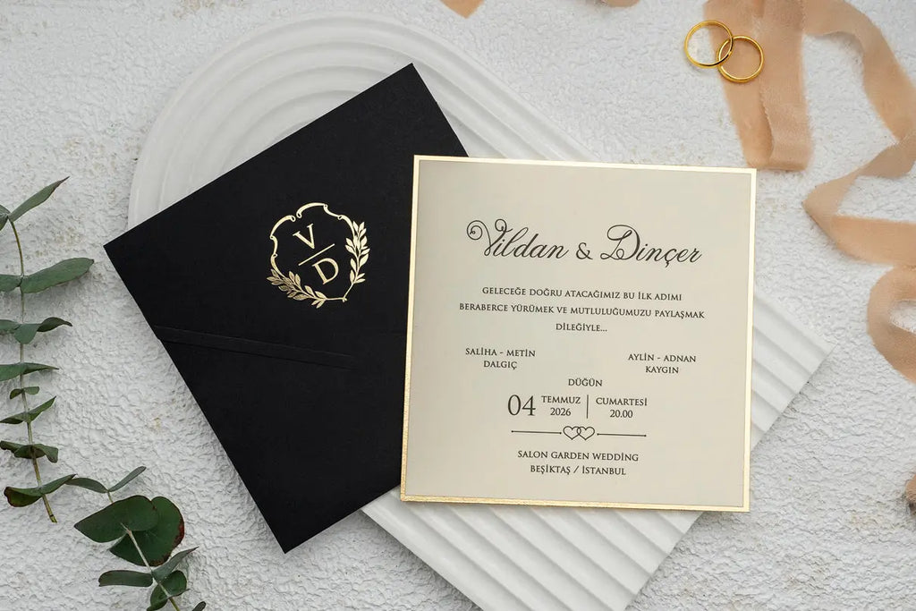 Gold Foil Wedding Invitation with Black Envelope and Monogram Design LunaInvites