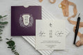 Purple Wedding Invitation Set with Crest Date Design on Premium Paper LunaInvites