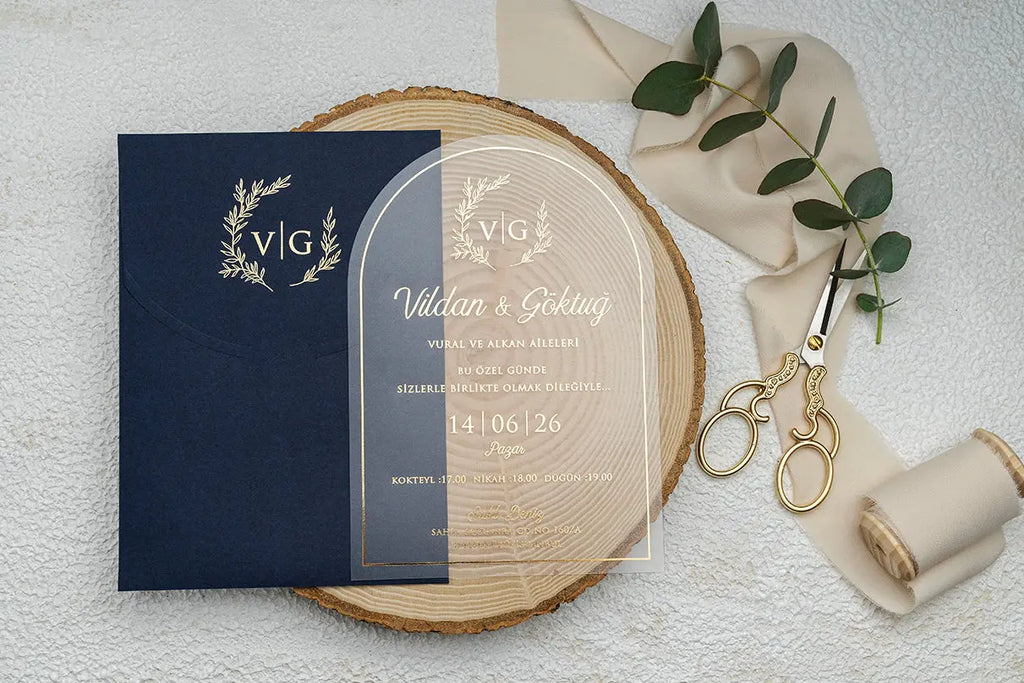 Arch Acrylic Wedding Invitation with Navy Envelope – Modern Elegant Design LunaInvites