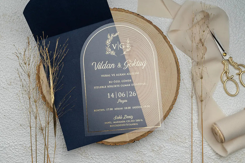 Arch Acrylic Wedding Invitation with Navy Envelope – Modern Elegant Design LunaInvites