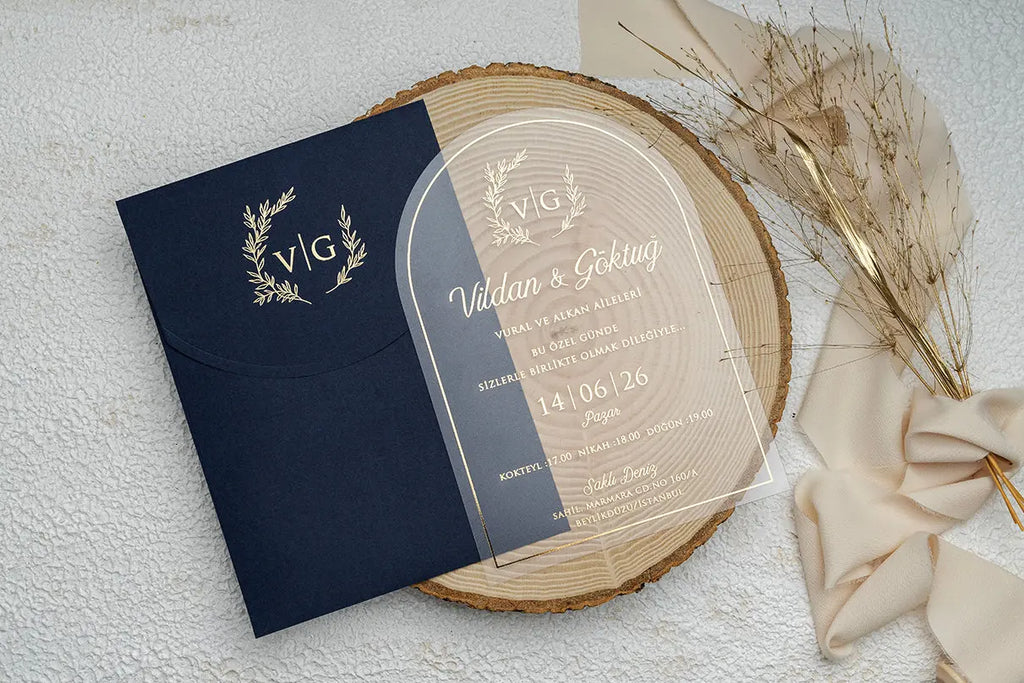 Arch Acrylic Wedding Invitation with Navy Envelope – Modern Elegant Design LunaInvites