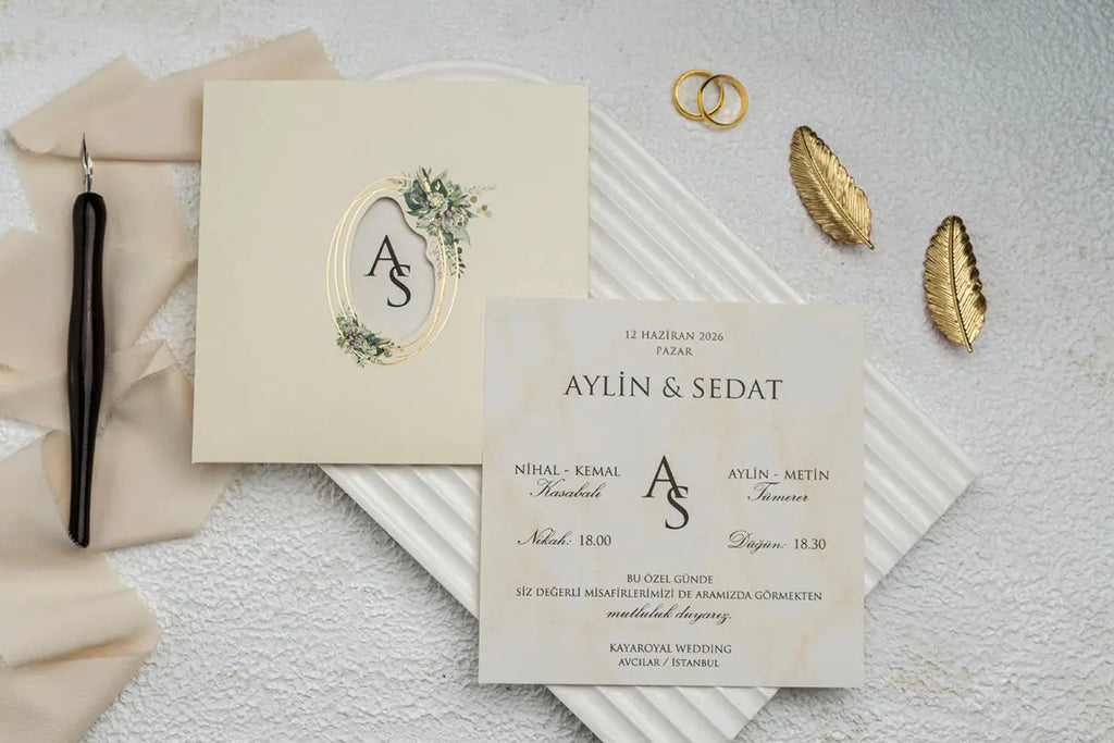 Ivory Floral Wedding Invitation with Gold Frame Design (Kopya) LunaInvites