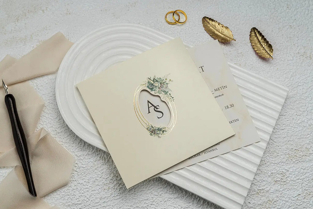 Ivory Floral Wedding Invitation with Gold Frame Design (Kopya) LunaInvites