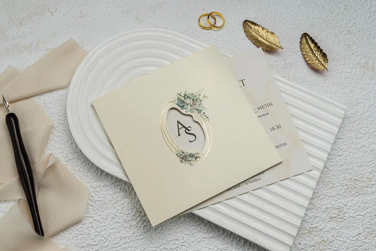 Ivory Floral Wedding Invitation with Gold Frame Design (Kopya) LunaInvites