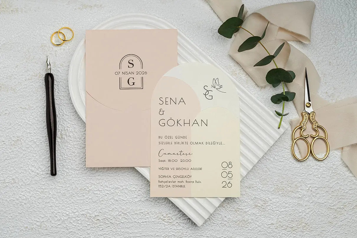 Arch Wedding Invitation with Blush Envelope and Modern Layered Design - LunaInvites