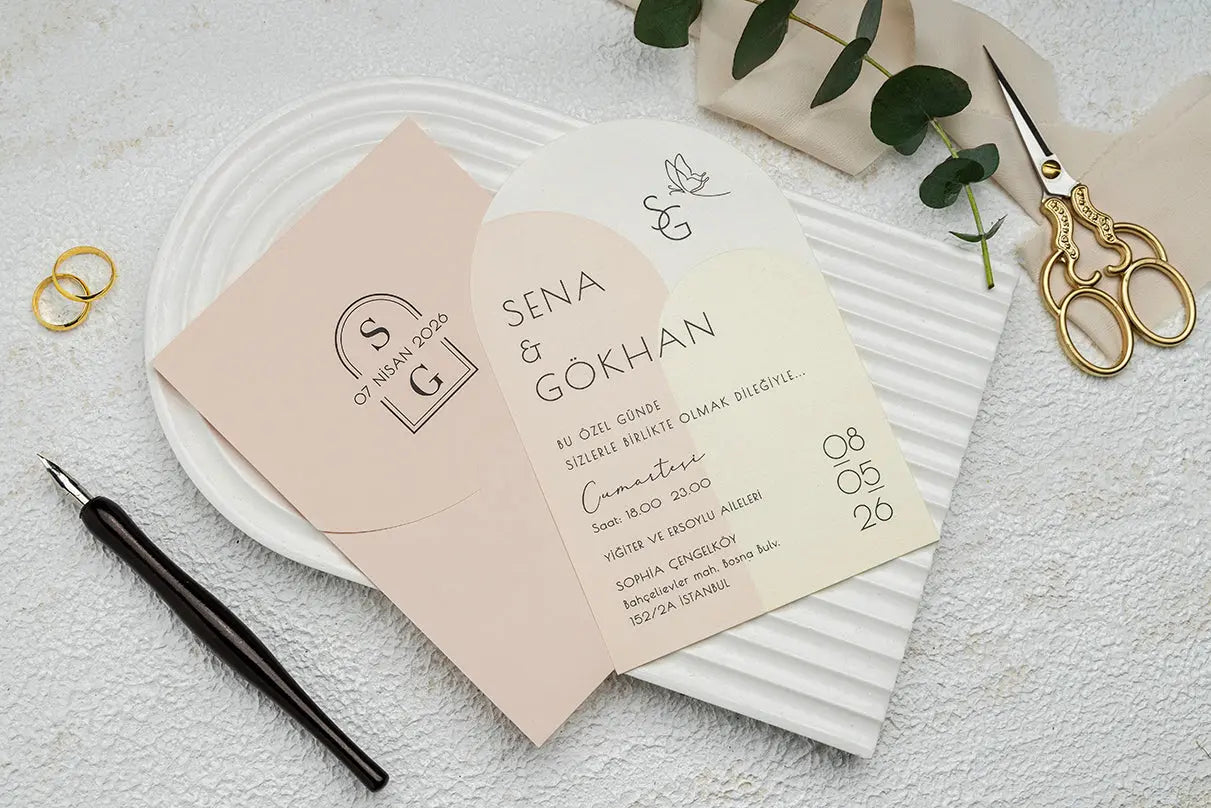 Arch Wedding Invitation with Blush Envelope and Modern Layered Design LunaInvites