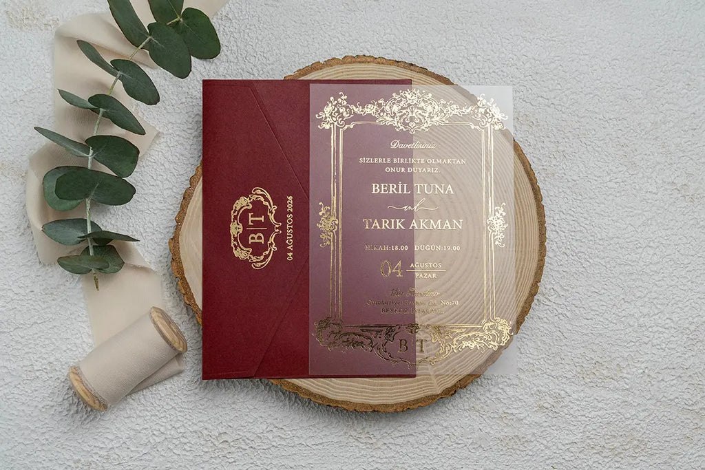 Burgundy Acrylic Wedding Invitation with Gold Floral Frame – Luxury Design LunaInvites