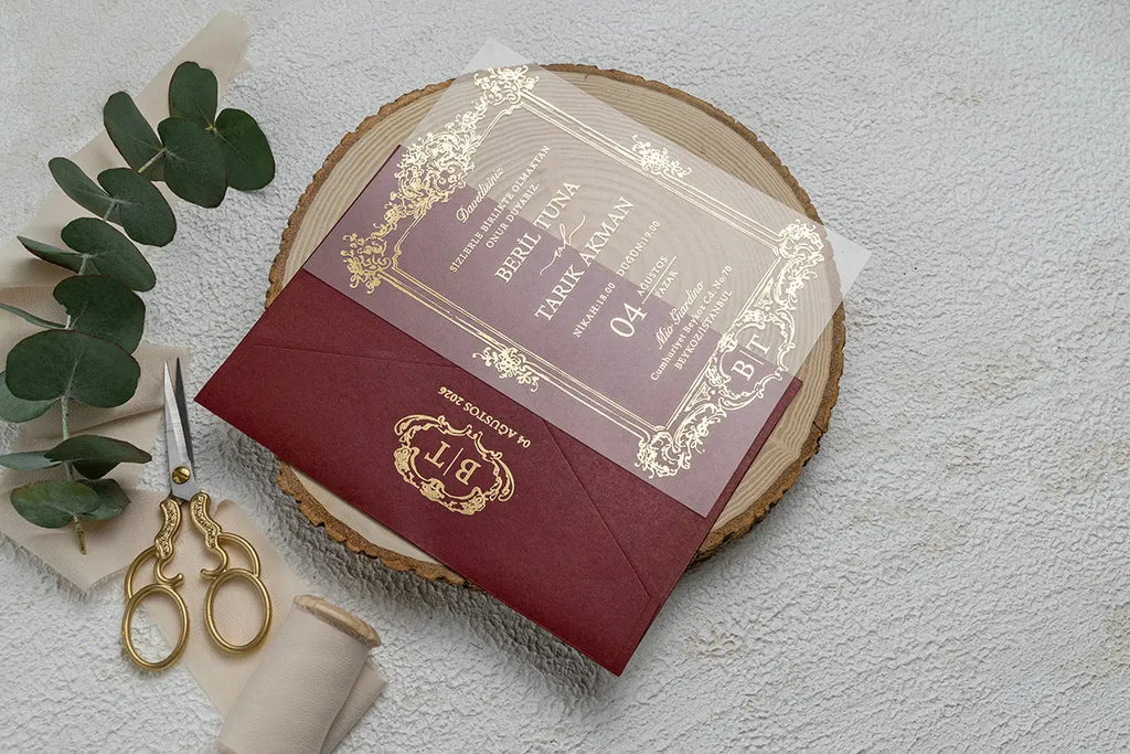 Burgundy Acrylic Wedding Invitation with Gold Floral Frame – Luxury Design LunaInvites