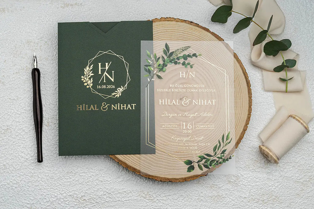 Green Acrylic Wedding Invitation with Botanical Design – Clear Modern Style LunaInvites