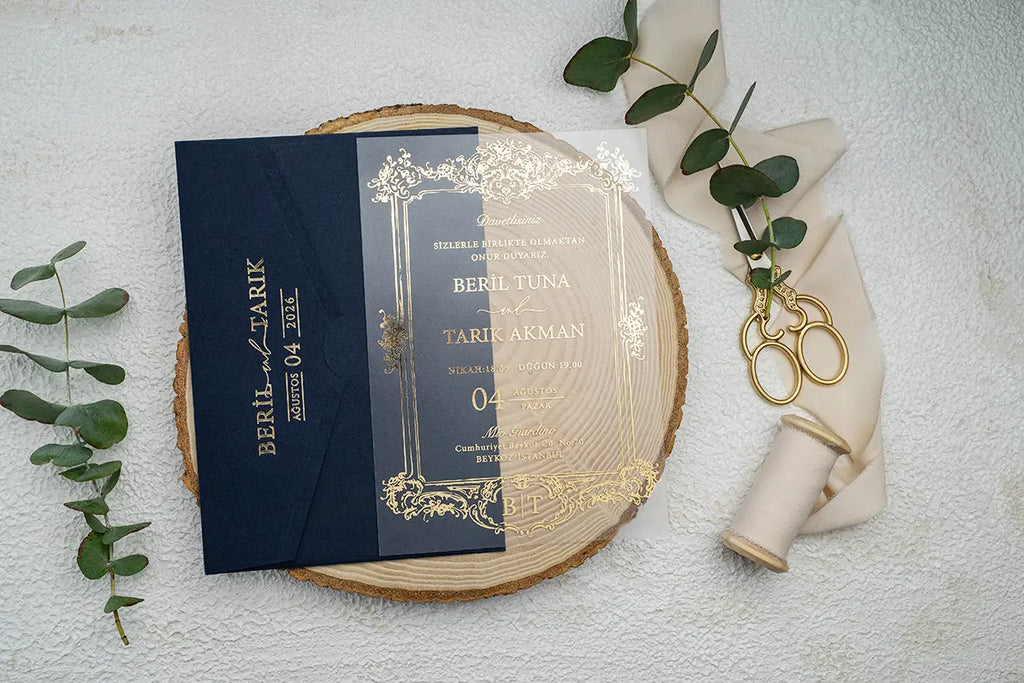 Luxury Gold Frame Acrylic Wedding Invitation with Navy Envelope LunaInvites