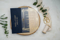 Luxury Gold Frame Acrylic Wedding Invitation with Navy Envelope LunaInvites