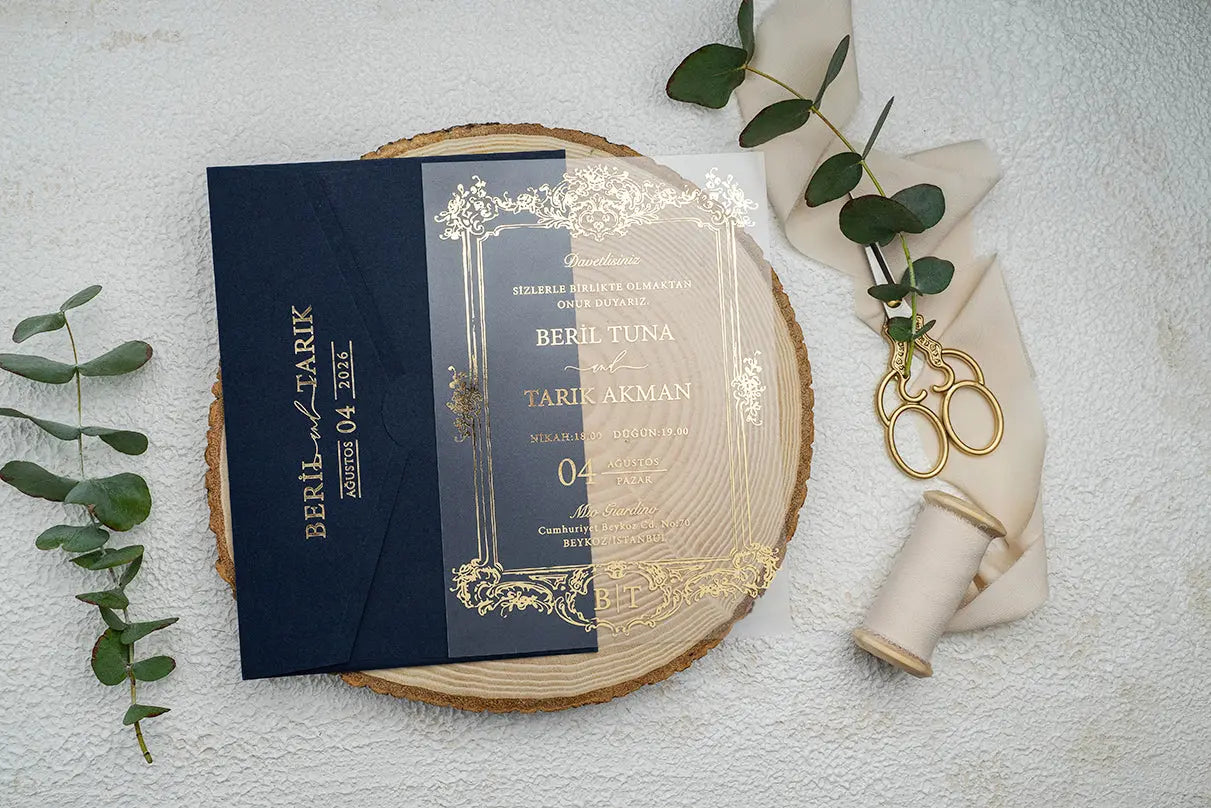 Luxury Gold Frame Acrylic Wedding Invitation with Navy Envelope LunaInvites