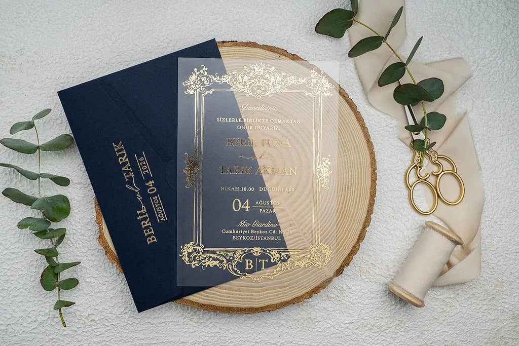 Luxury Gold Frame Acrylic Wedding Invitation with Navy Envelope LunaInvites