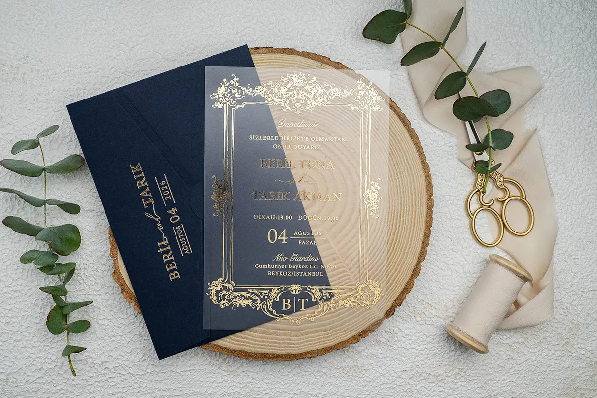 Luxury Gold Frame Acrylic Wedding Invitation with Navy Envelope LunaInvites