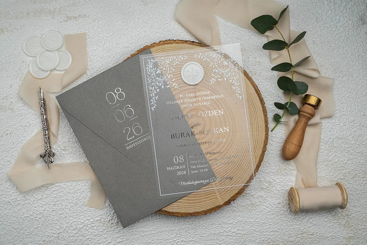 Clear Acrylic Wedding Invitation with Gray Envelope – Elegant Floral Design LunaInvites