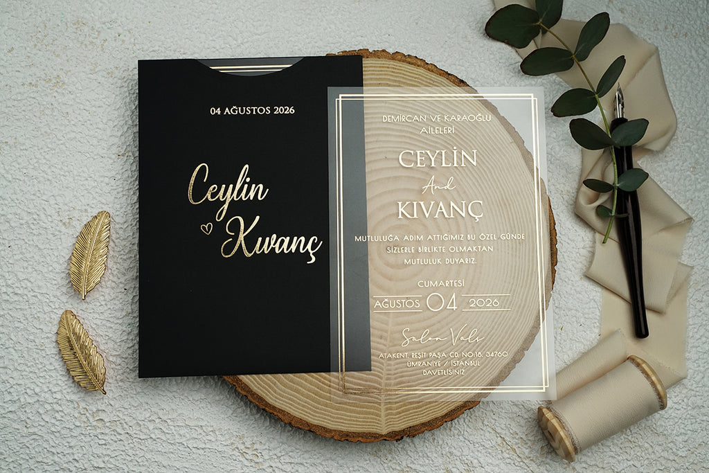 Clear Acrylic Wedding Invitation with Black Envelope – Modern Gold Frame, Personalized
