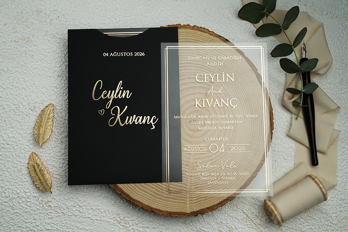 Clear Acrylic Wedding Invitation with Black Envelope – Modern Gold Frame, Personalized