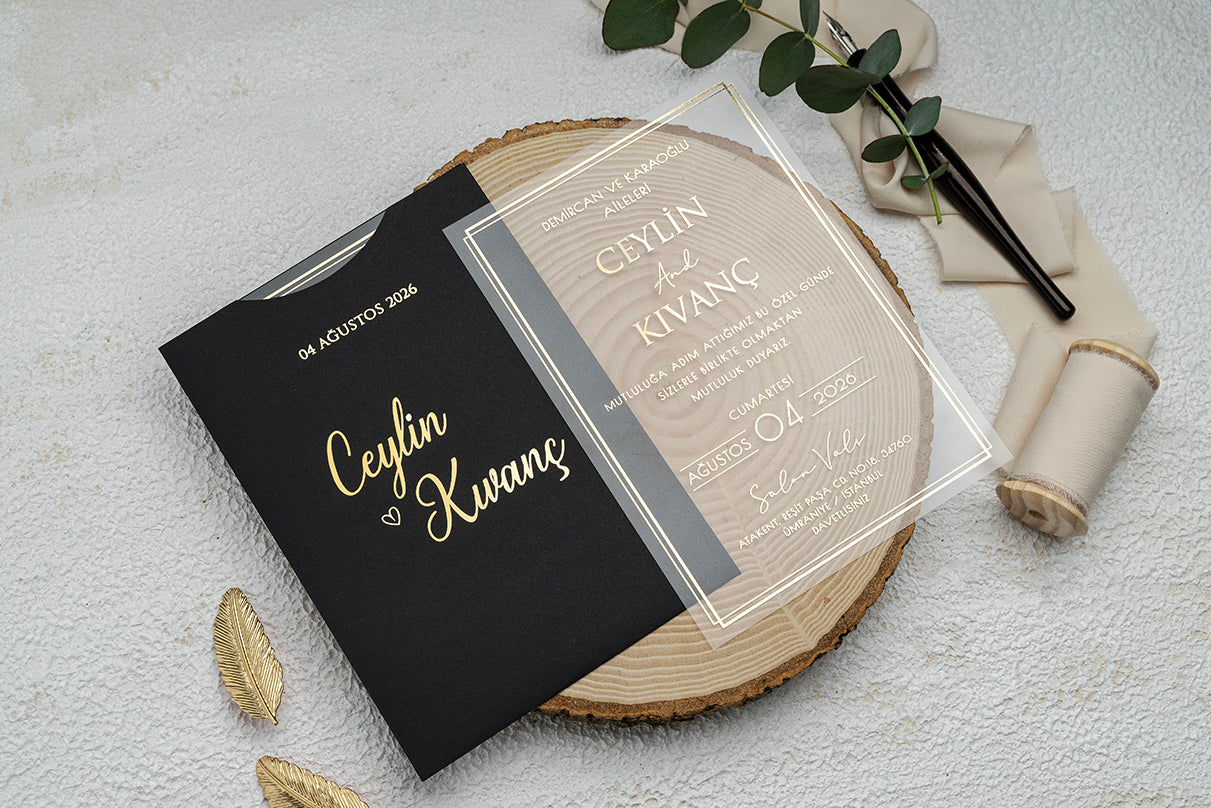 Clear Acrylic Wedding Invitation with Black Envelope – Modern Gold Frame, Personalized