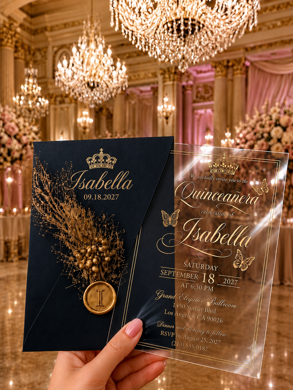 Personalized Clear Acrylic Quinceañera Invitations with Gold Print & Pink Envelope LunaInvites