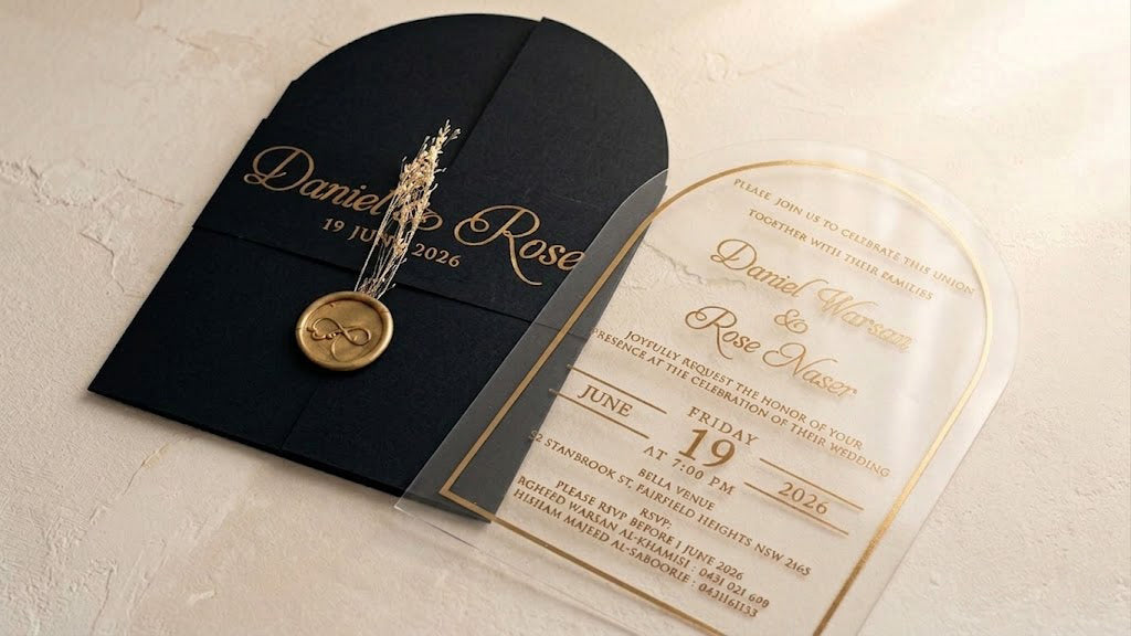 Clear Acrylic Wedding Invitation with Gold Foil & Flower - Black Envelope LunaInvites